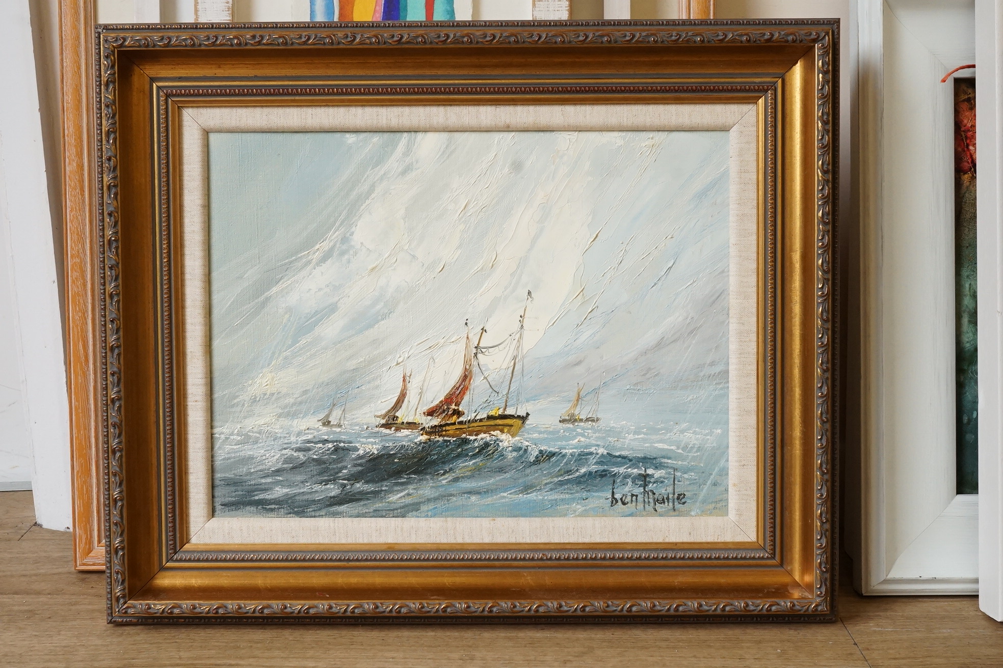 Ben Maile (1922-2017), Seascape with ships, signed, impasto oil on canvas, 30 x 39cm